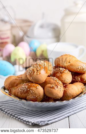 Homemade Easter Greek Kuururakya Cookies With Sesame Seeds On The Festive Table, Selective Focus. Ea