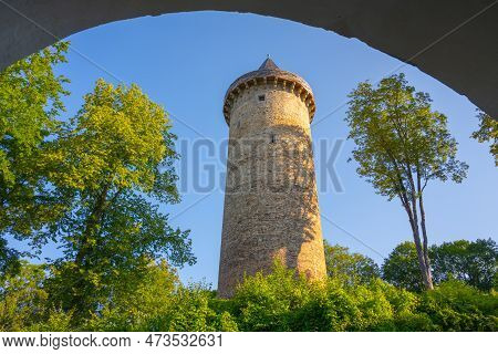 Ancient Round Stone Tower Jakobinka. A Remnant Of The Extinct Medieval Upper Rozmberk Castle. Rozmbe