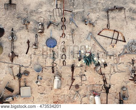 Flea Market Collection. Wall Decoration In Retro Style. Beautiful Background For Photography. Perfec
