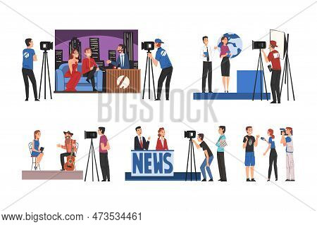 Television Industry With Talk Show With Celebrity Participants And Tv News Vector Set