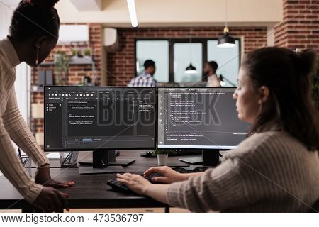 Programming Engineers Using Computer To Write Code And Develop Algorithm Program. Software Developer