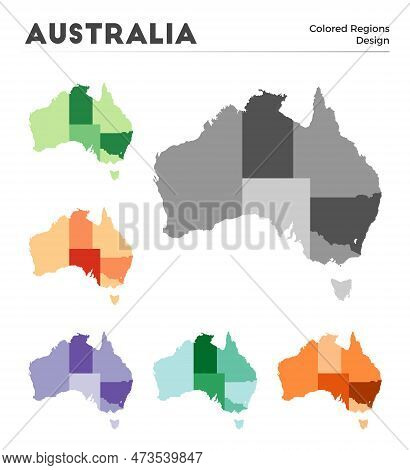 Australia Map Collection. Borders Of Australia For Your Infographic. Colored Country Regions. Vector