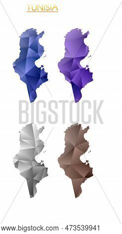 Set Of Vector Polygonal Maps Of Tunisia. Bright Gradient Map Of Country In Low Poly Style. Multicolo