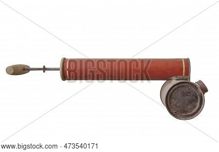 Old Rusty Manual Spray Pump For Insecticides. Isolated Over White Background