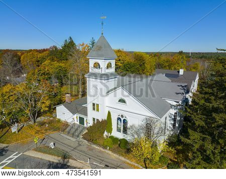 Acton Congregational Church Aerial View At 12 Concord Road In Historic Town Center Of Acton, Massach