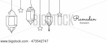 One Continuous Line Drawing Of Ramadan Kareem. Islamic Decoration With Lanter And Star In Simple Lin