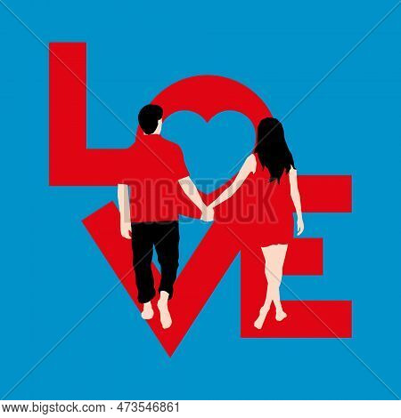 Romantic Love Couple Silhouette In The Sunset Illustration