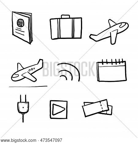 Hand Drawn Airport Related Vector Line Icons. Contains Such Icons As Departure, Tickets, Baggage Cla