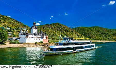 Cruise Ship At Pfalzgrafenstein Castle In The Upper Middle Rhine Valley. Unesco World Heritage In Ge