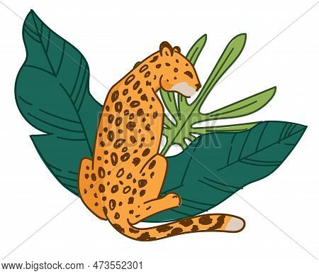 Spotted Cheetah Or Leopard With Wild Leaves Flora
