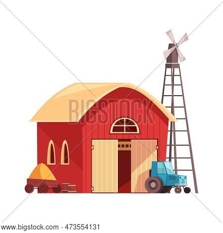 Farm Barn Cowshed Building Exterior With Tractor And Windmill Flat Vector Illustration