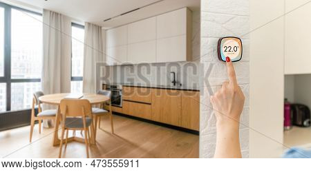 Smart Home Banner. Iot House Automation Domotics Panoramic. Technology Thermostat Device With App Ic