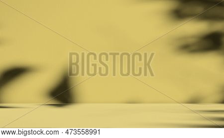 Loft Product Summer Studio Room Background,yellow Shadow Leaves On Podium Pland Cement Concrete Back