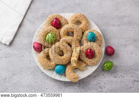 White Plate With Traditional Greek Easter Cookies Koulourakya Or Koulourya Shortbread Rings With Ses