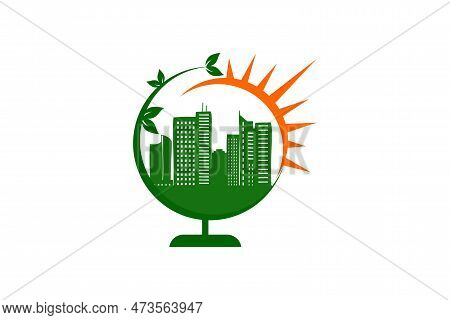 Globe Nature Town With Sunrise Or Sun Or Sunset Logo Design Template Element Icon Vector