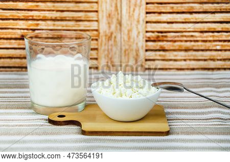 Glass Of Milk, Cup Of Fresh Cottage Cheese. Fresh Farm Dairy Products, Simple Rustic Still Life