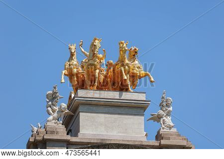 Barcelona, Spain - August 2022: Detail Of The Fountain Designed By Josep Fontserè Inside The Parc De