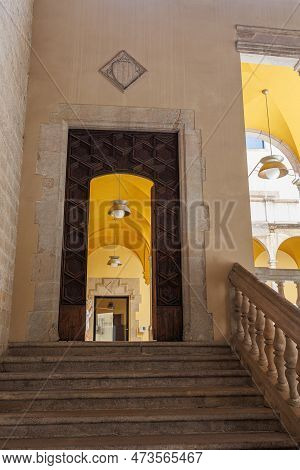 Barcelona, Spain - August 2022: Interior Staircase, Wooden Inlaid Door And Hall Of The Palau Del Llo