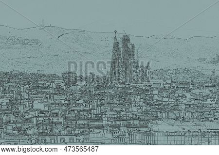 Barcelona, Spain - August 2022: Monochrome Illustration Of The Barcelona Cityscape With The Impressi