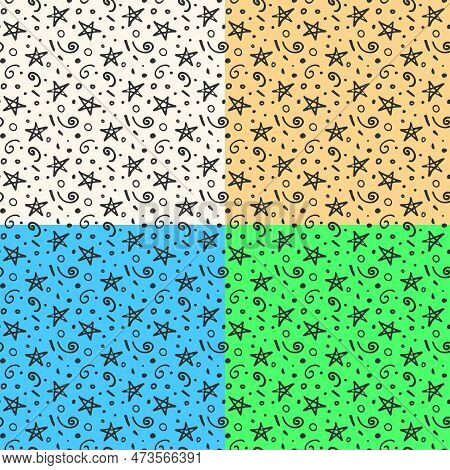 Childish Star Decorative Seamless Patterns. Hand Drawn Doodle Kids Cartoon Design, Brush Line Textut