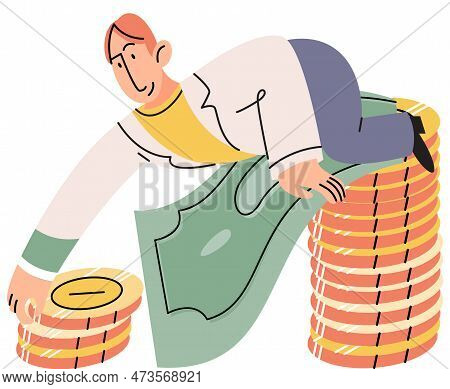 Investment And Analysis Money Profits. Investor Sitting On Stack Of Coins. Employee Making Investing
