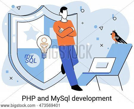 Php And Mysql Development Metaphor. Software Website Developer With Computer, Programmer Service, Op