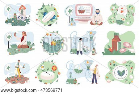 Herbal Oils Natural Medicines. Scientist Or Doctor Making Alternative Medicine Herb, Mortar, Laborat