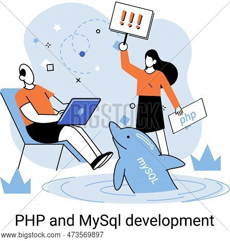 Php And Mysql Development Metaphor. Software Website Developer With Computer, Programmer Service, Op