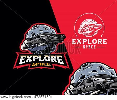 Logo Design Of Flying Car. Vector Illustration Of Flying Car Explore The Moon, Perfect For Mascot Or