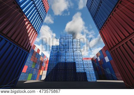 Lots Of Long Cargo Containers Stacked At The Terminal/port For Import Export Business. Logistics, Un
