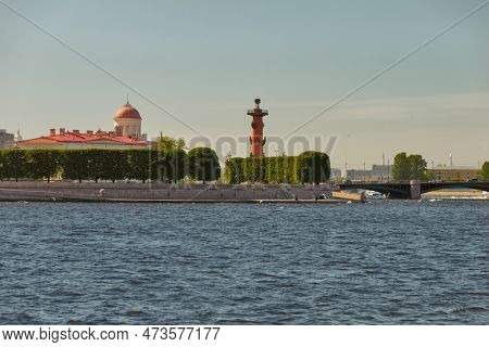 River Neva, Vasilyevsky Island And Rostral Columns In St. Petersburg In Summer