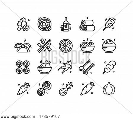 Korean Food Sign Black Thin Line Icon Set Include Of Bibimbap, Ramen And Chopstick. Vector Illustrat
