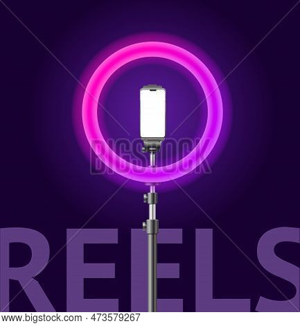 Realistic Detailed 3d Neon Pink Led Ring Lamp Mobile Phone Equipment Holder Reels Concept. Vector Il