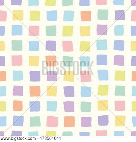 Vector Creme Seamless Pattern: Basic Mosaic. Bumpy Pastel Squares With Blurred Edges Standing In Wav
