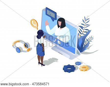 Online Video Call Concept 3d Isometric Web Scene. People Talking In Video Programm, Discussing Work 