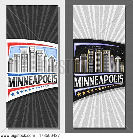 Vector Vertical Banners For Minneapolis, Decorative Ticket With Line Art Illustration Of Famous Fina