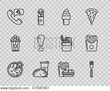 Set Line Pizza, Fork, Ice Cream In Waffle Cone, Paper Glass And Taco With Tortilla, Food Ordering Pi