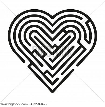 Heart Shaped Labyrinth, Black Line. Maze In The Shape Of A Heart.
