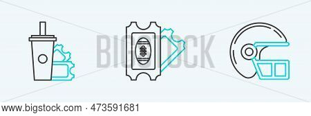 Set Line American Football Helmet, Football Ticket And Paper Glass Soda With Drinking Straw And Icon