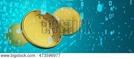 Bitcoin Coin On The Background Of Zeros And Ones. Binary Code.cryptocurrency Trading. Bitcoin On A B