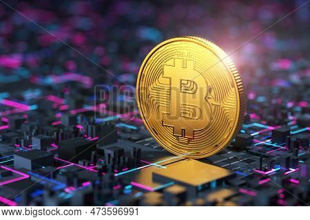 Bitcoin On A Technological Background. Banner With Technology Background For Cryptocurrency Illustra