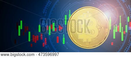 Cryptocurrency Trading. Bitcoin On A Blue Background. Bitcoin On A Technological Background. Bitcon 