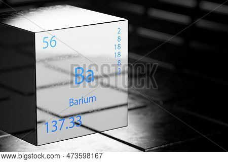 3d Illustration Of Barium As Element 56 Of The Periodic Table. Chemical Element Barium On A Metallic