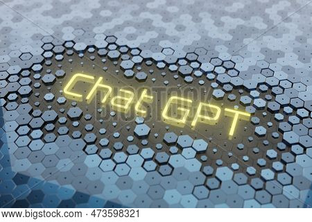 Inscription Chat Gpt Is Yellow On A Background Of Hexagons. Chatgpt Chat With Ai Or Artificial Intel