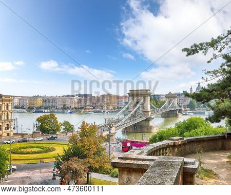 Breathtaking Cityscape Of Budapest  With  Széchenyi Chain Bridge Over Danube River. Location: Budape