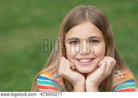 Portrait Of Teen Girl With Copy Space. Portrait Of Teen Girl With Blonde Hair. Portrait Of Teen Girl