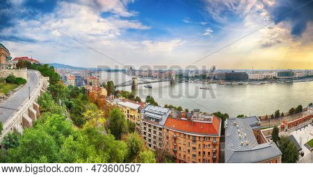 Astonishing Cityscape Of Budapest  With  Széchenyi Chain Bridge Over Danube River And Hungarian Parl