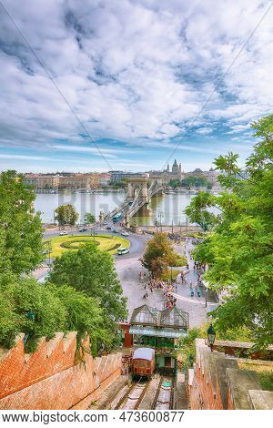 Breathtaking Cityscape Of Budapest  With  Széchenyi Chain Bridge Over Danube River. Location: Budape
