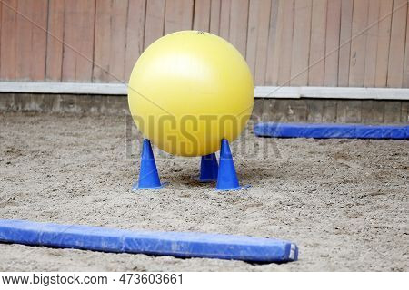 Plastic Physioball On The Sand During Training For Beginner Riders And Horses At Riding School Indoo