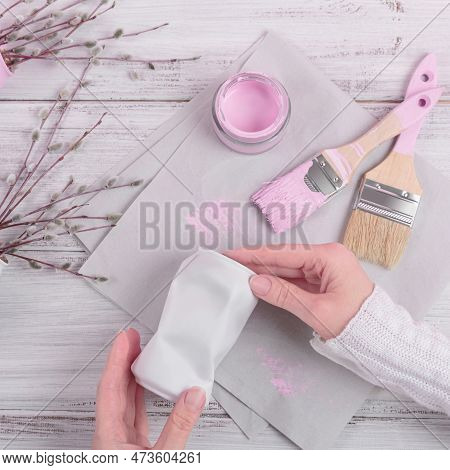 Sustainable Hobby Background With Handmade Vase Or Houseplant Pots. Creative Upcycling Diy Idea, Cra